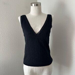 Prada Cashmere Silk Dual V Style Sleeveless Classy Blouse Black Glitter 42